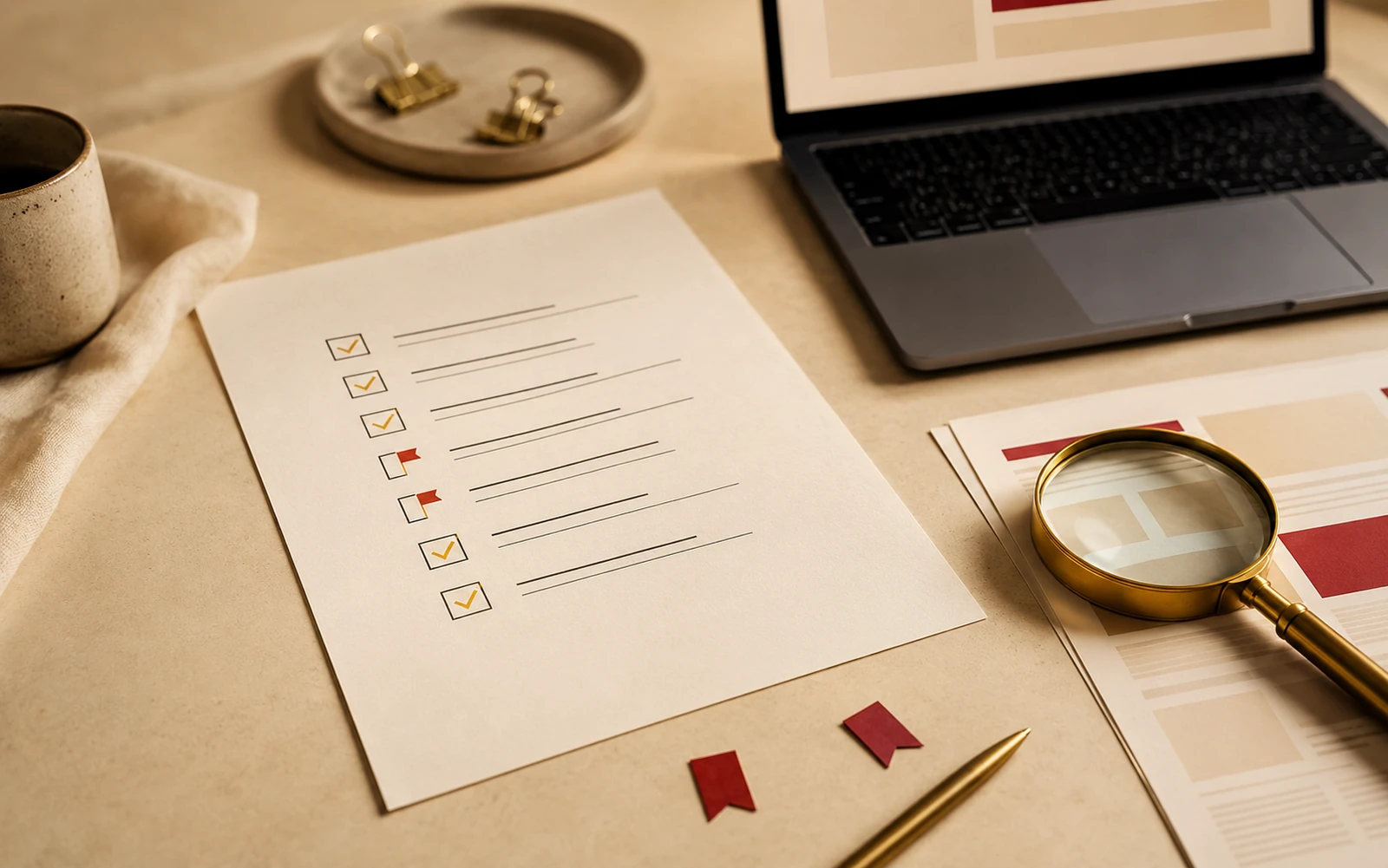 A website review in progress, with a laptop, sitemap notes and audit marks.
