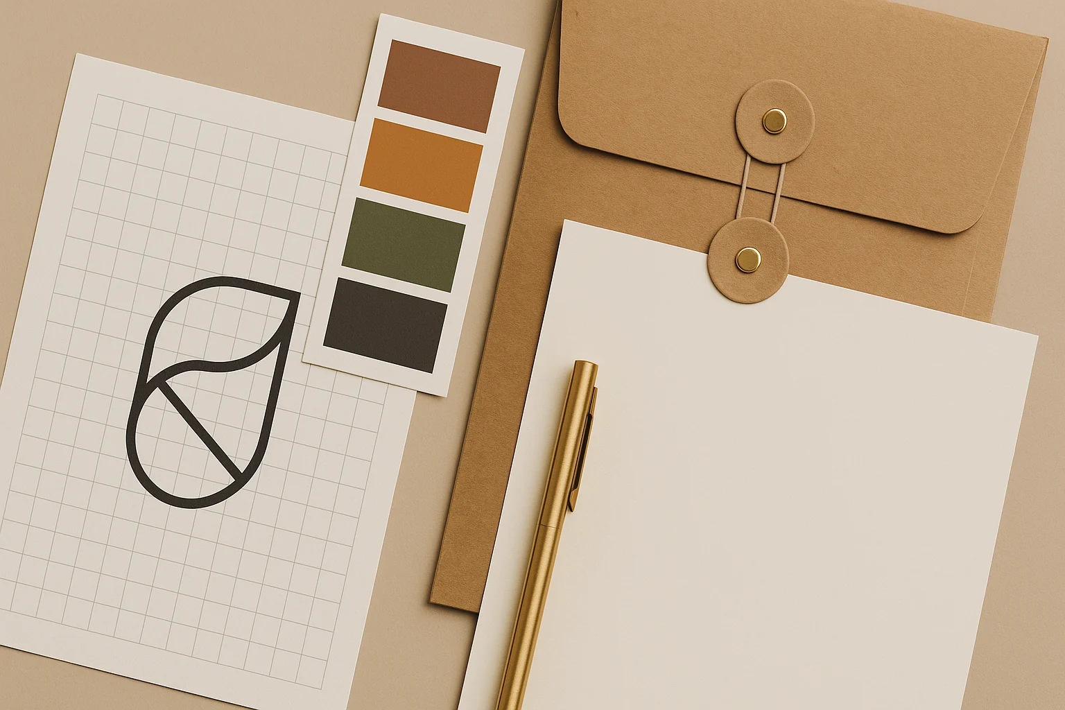 A logo construction drawing on grid paper with a colour swatch strip, beside a document wallet for supplier handoff.
