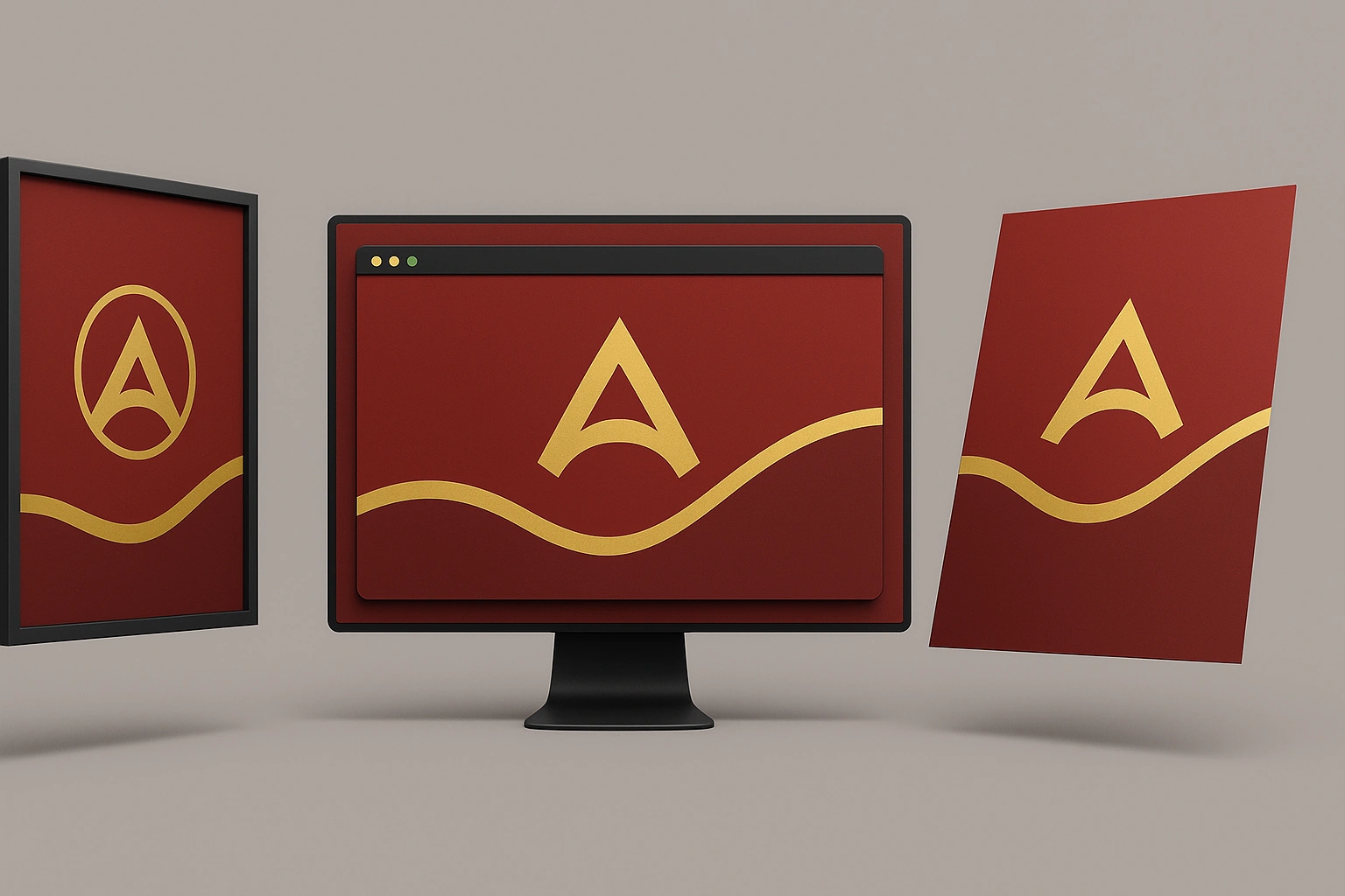 One logo mark applied consistently across a framed poster, a website and a printed card.