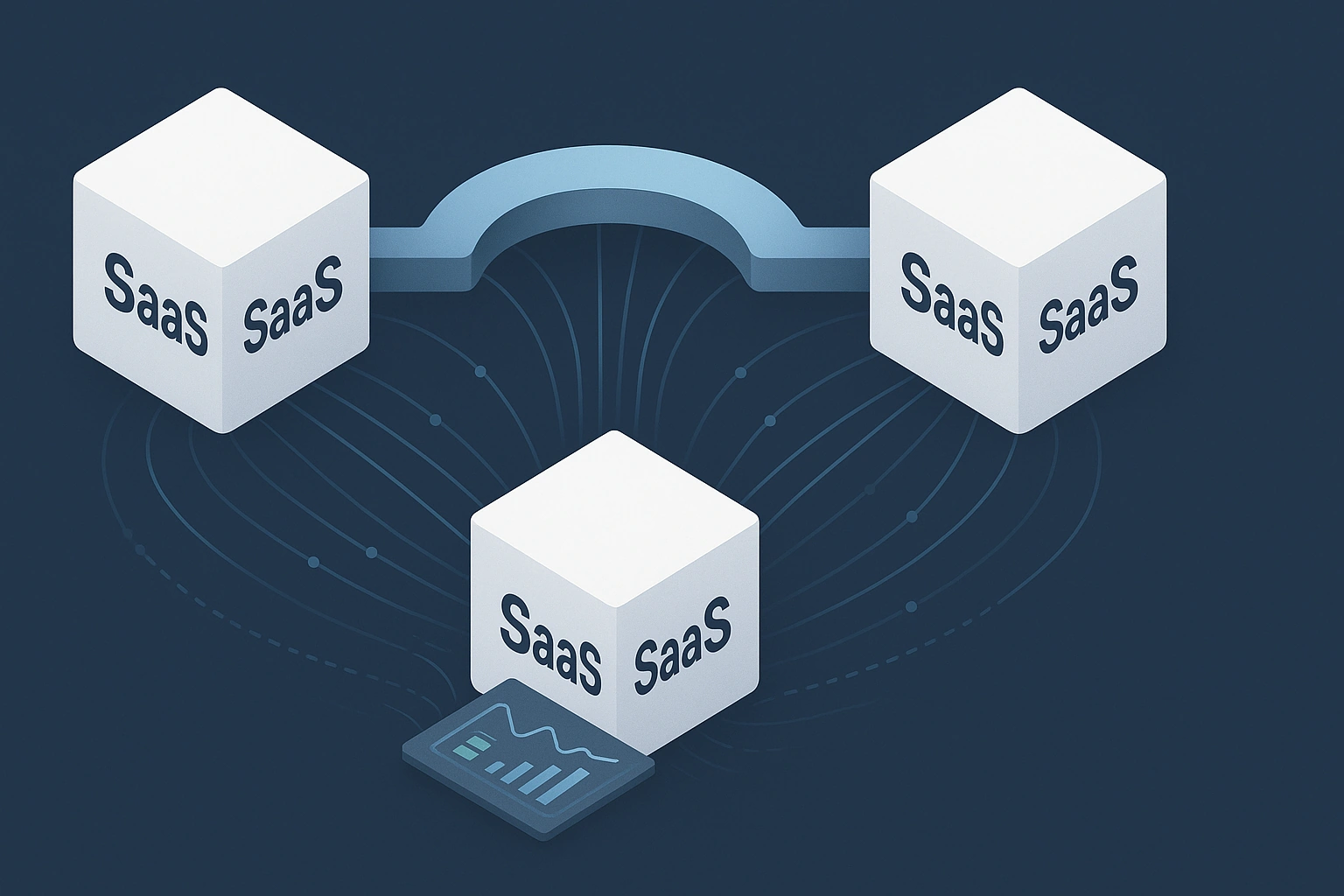Three SaaS blocks linked by a bridge, with a small reporting panel beneath.