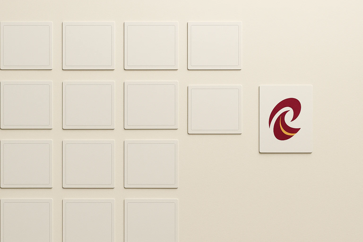 A grid of blank competitor cards with one distinctive red and gold logo standing apart.