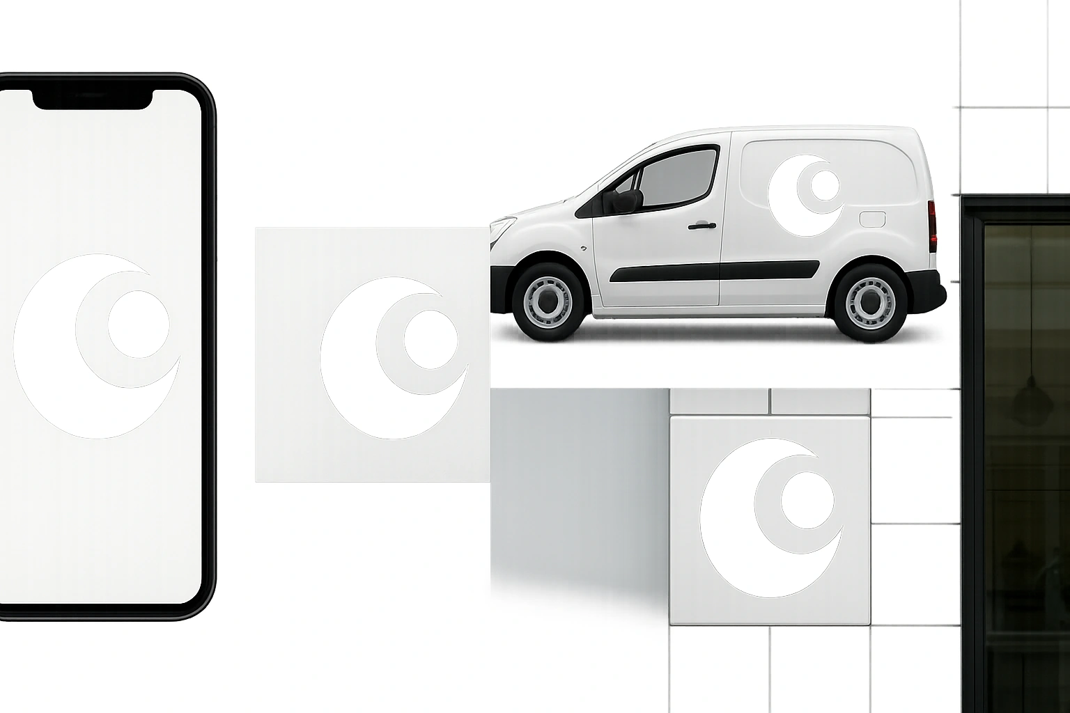 One logo mark applied across a phone screen, a card, a delivery van and shopfront signage.