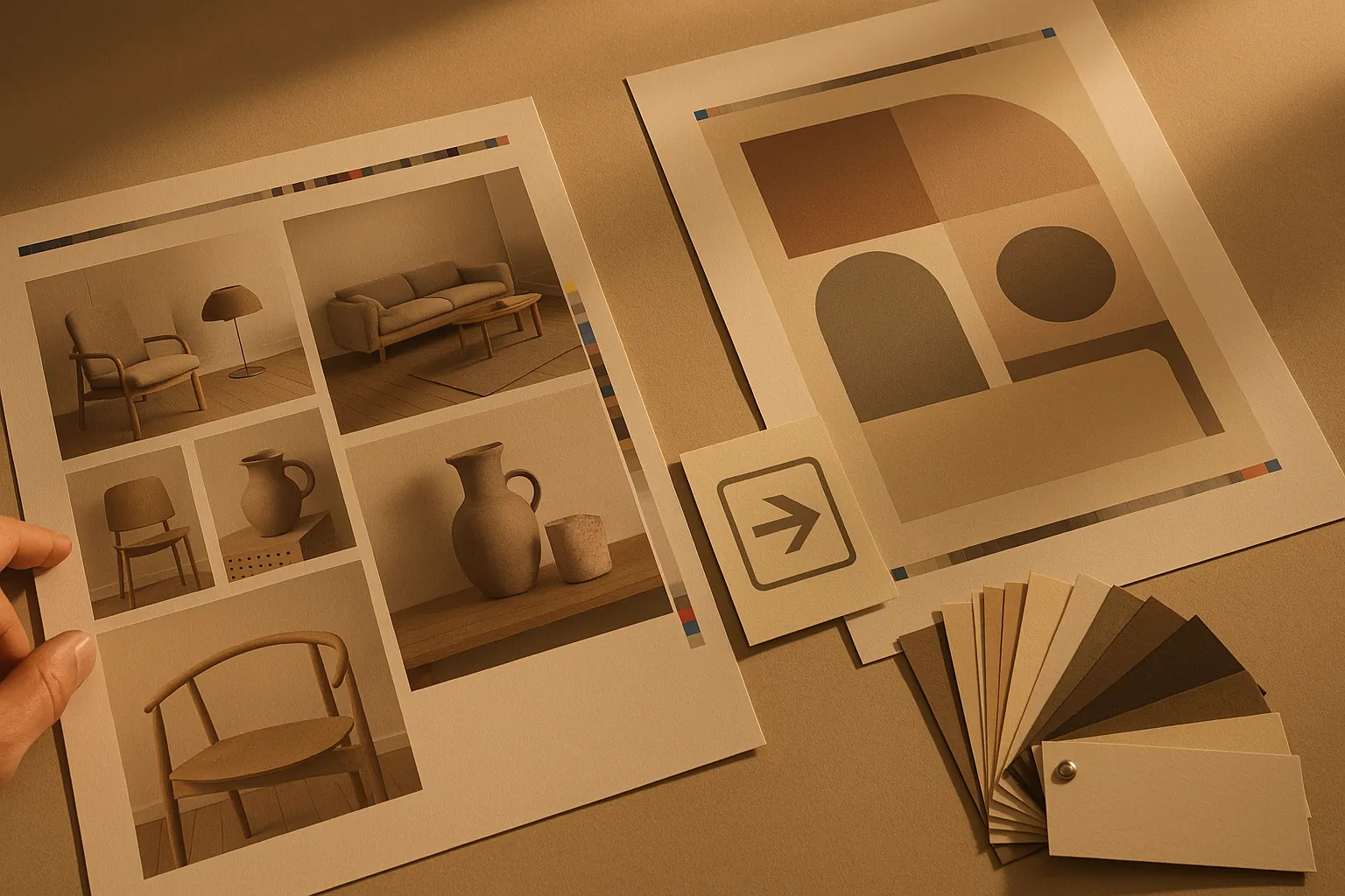Printed proof sheets with colour calibration bars along the edges, beside a paper swatch fan.