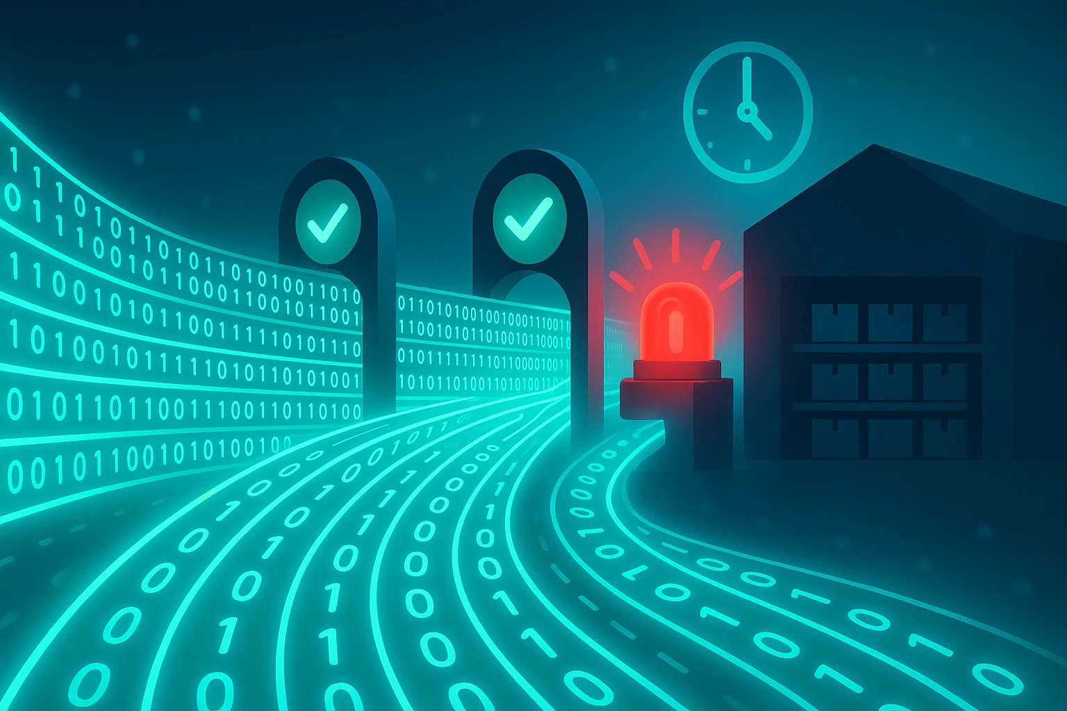 A data pipeline illustration: streams of data passing validation checkpoints and an alert light on the way to a warehouse.