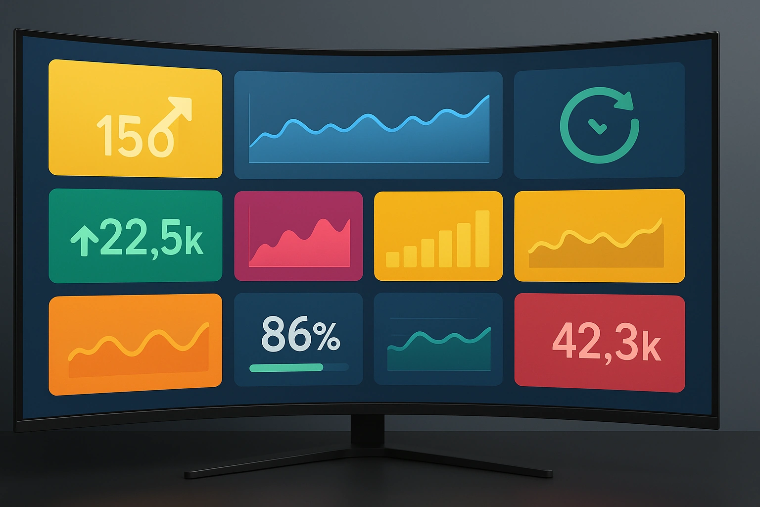 A wide monitor showing a KPI dashboard of metric tiles, trend charts and a refresh indicator.