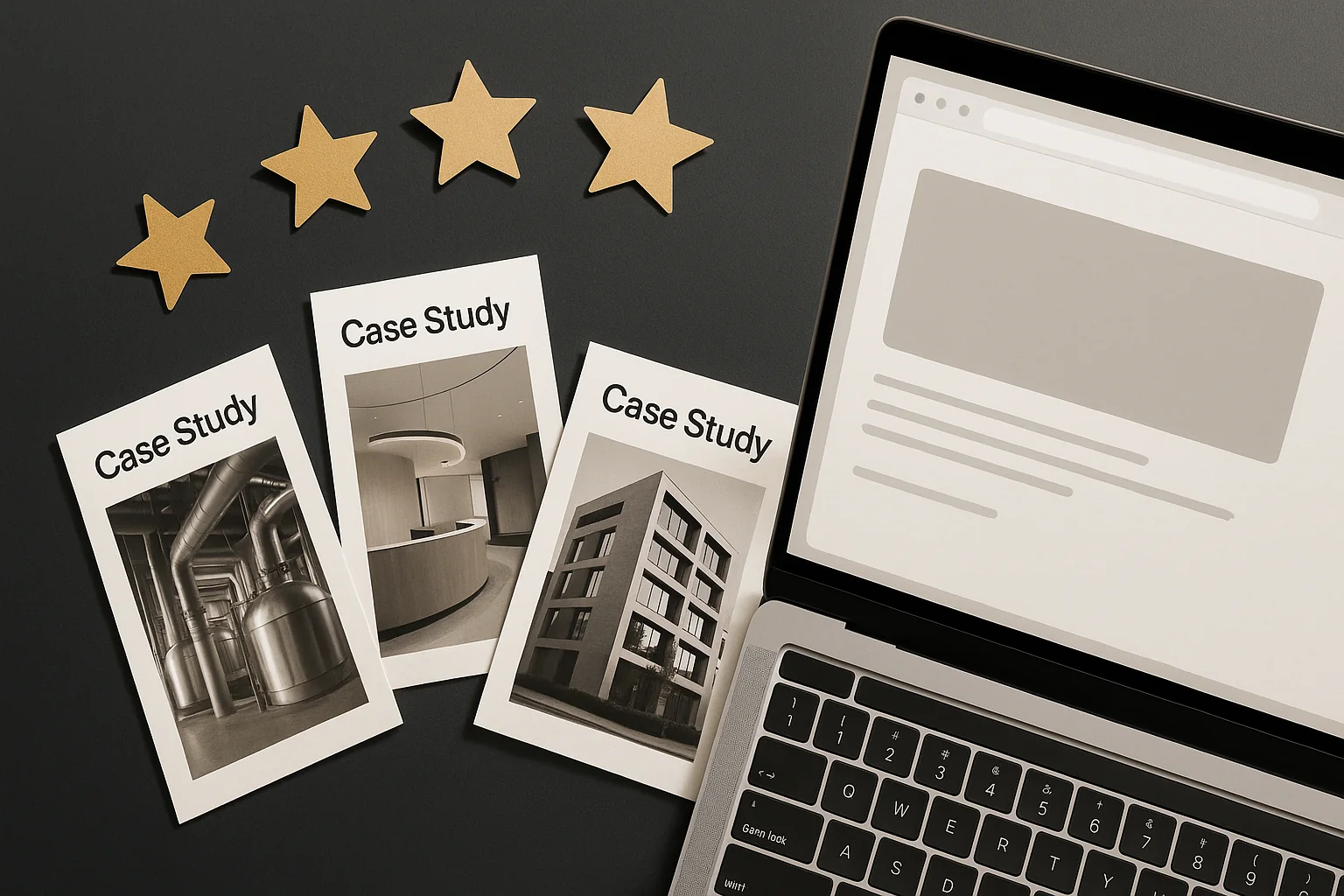 Printed case study cards and star ratings beside a laptop showing a page layout.