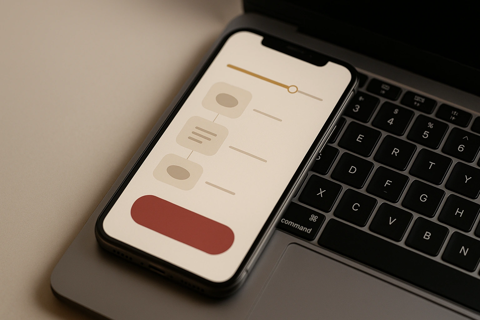 A phone on a laptop keyboard showing a simple mobile enquiry path ending in a large call-to-action button.