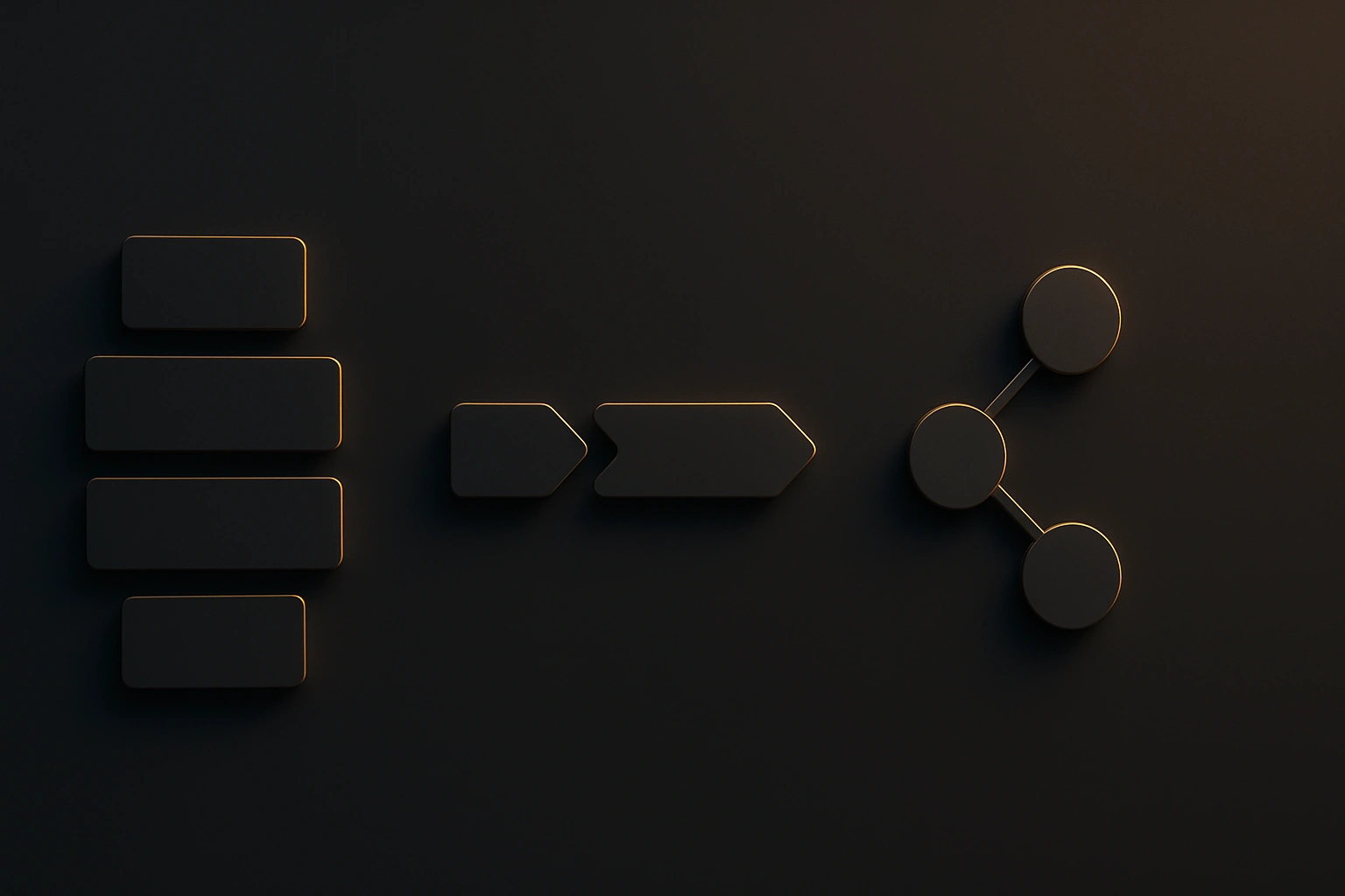 Abstract shapes representing structured content, a processing step and a link tree.