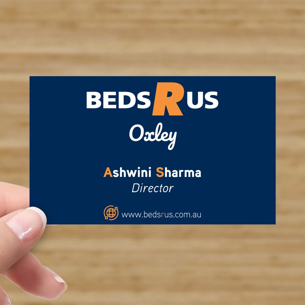 Beds R Us Oxley business card design featuring navy and orange brand colours, store name, staff details and website.
