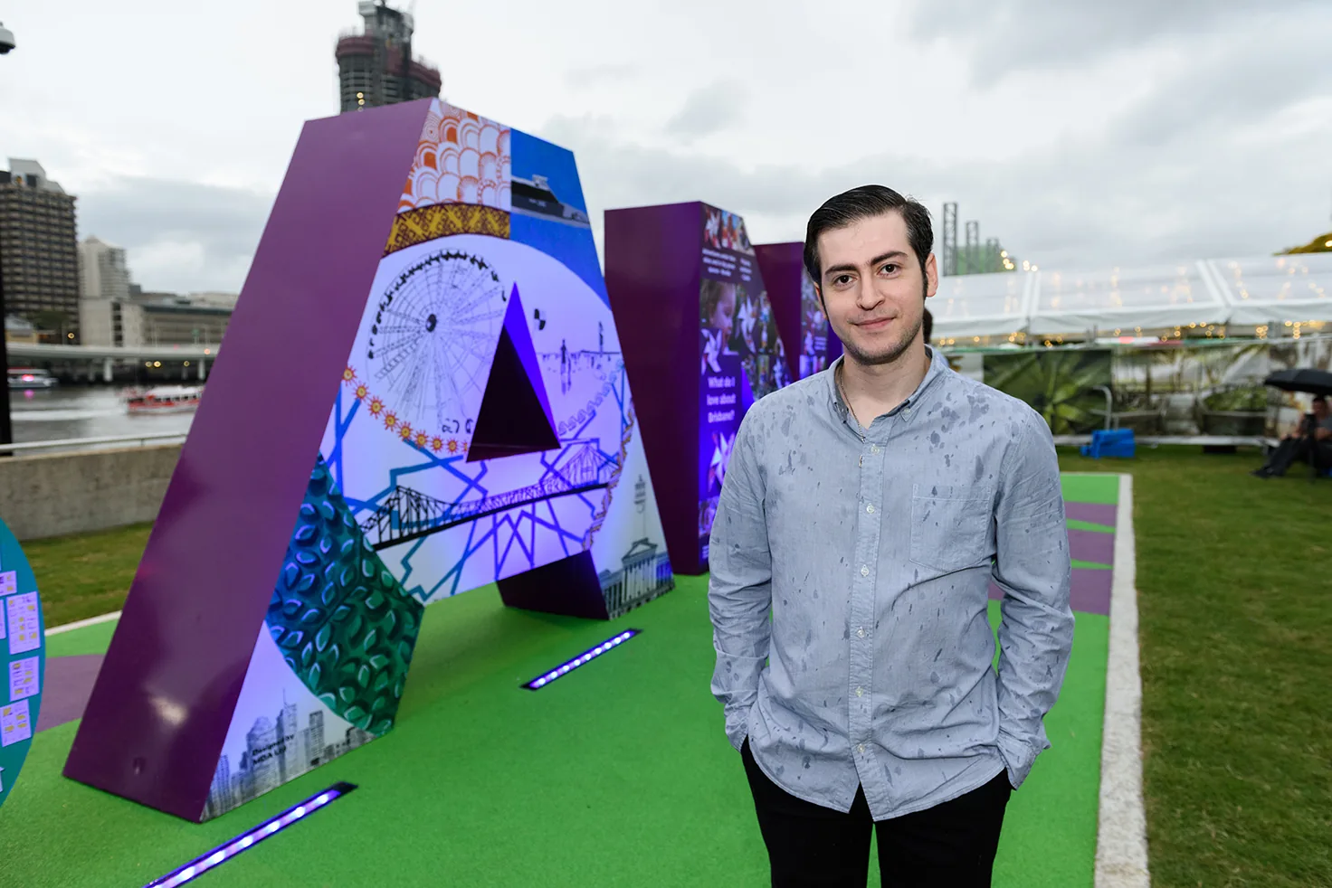 Brisbane Sign Letter A artwork — illustrated cultural patterning and river references.