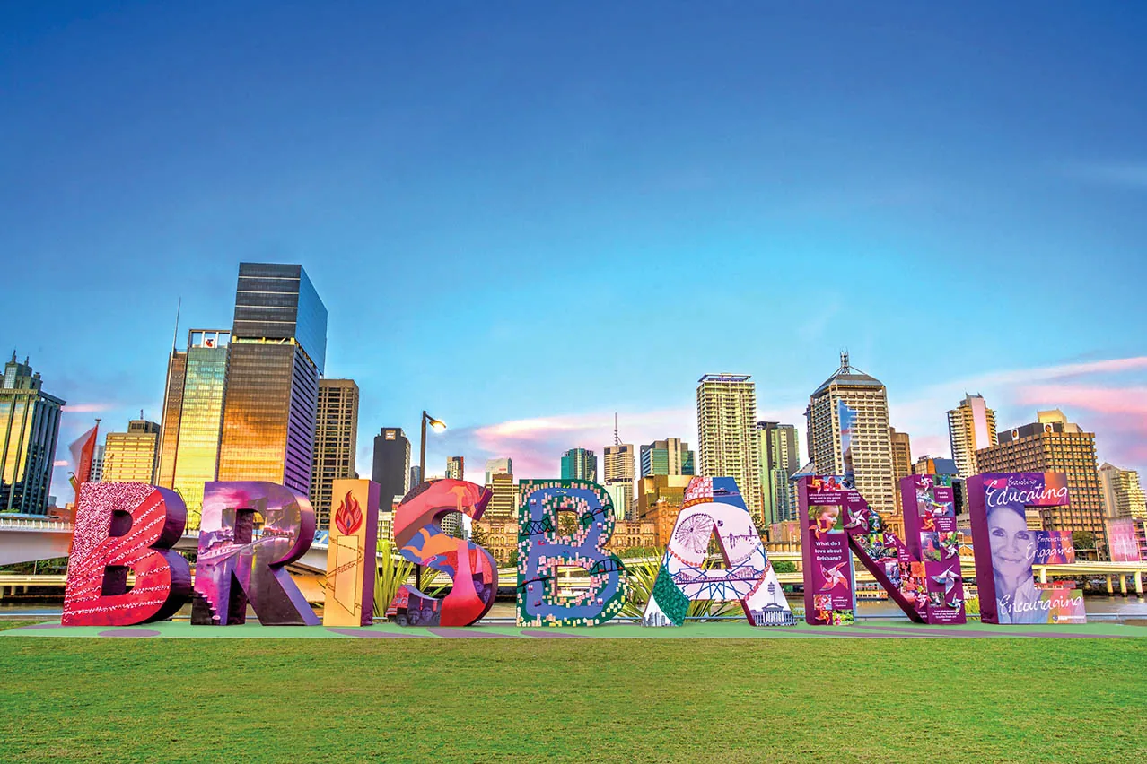 Brisbane Sign Letter A — South Bank public artwork with skyline backdrop.