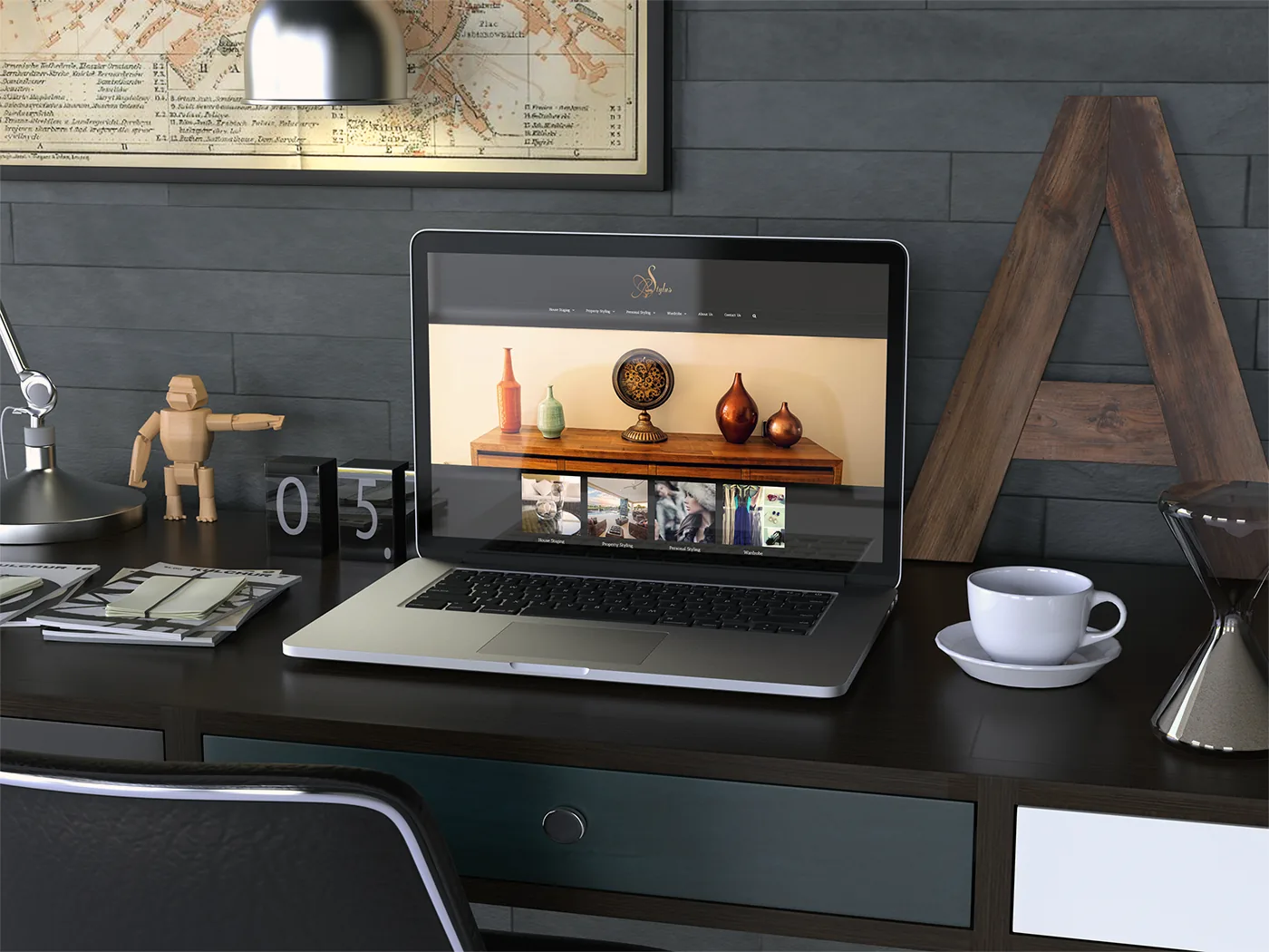 BStylus website design — homepage layout with dark header and service navigation tiles.