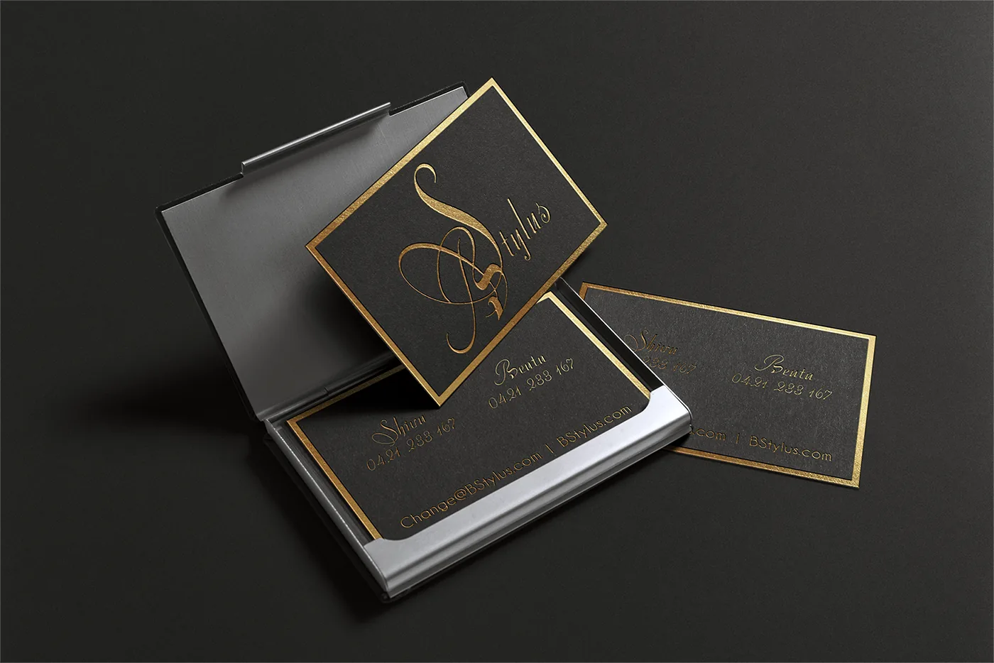 BStylus brand identity — elegant black-and-gold logo with script-style monogram for a Brisbane boutique styling business.