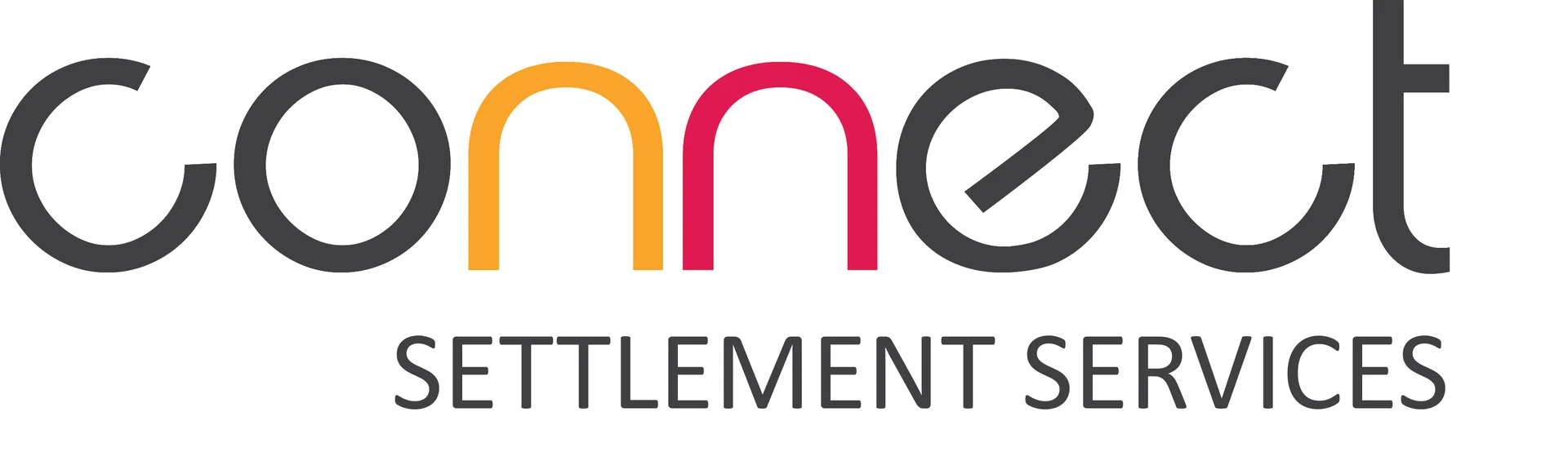 Connect Settlement Services logo design — modern lowercase wordmark with warm orange and pink connection-inspired letterforms.