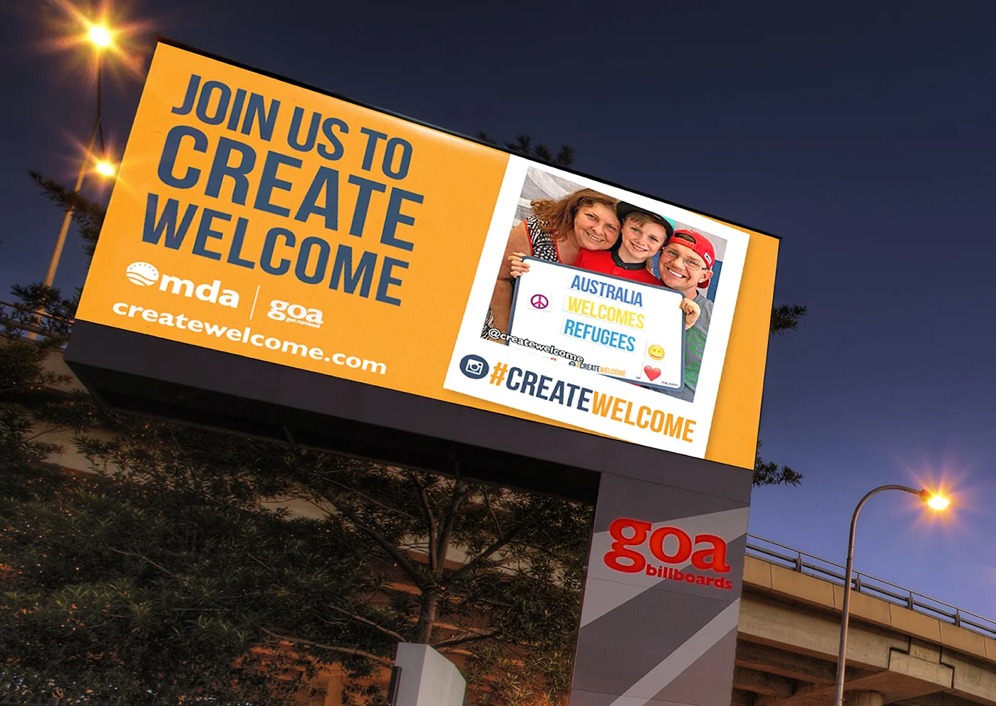 #CreateWelcome campaign visual identity — bold yellow type and community message billboard layout.