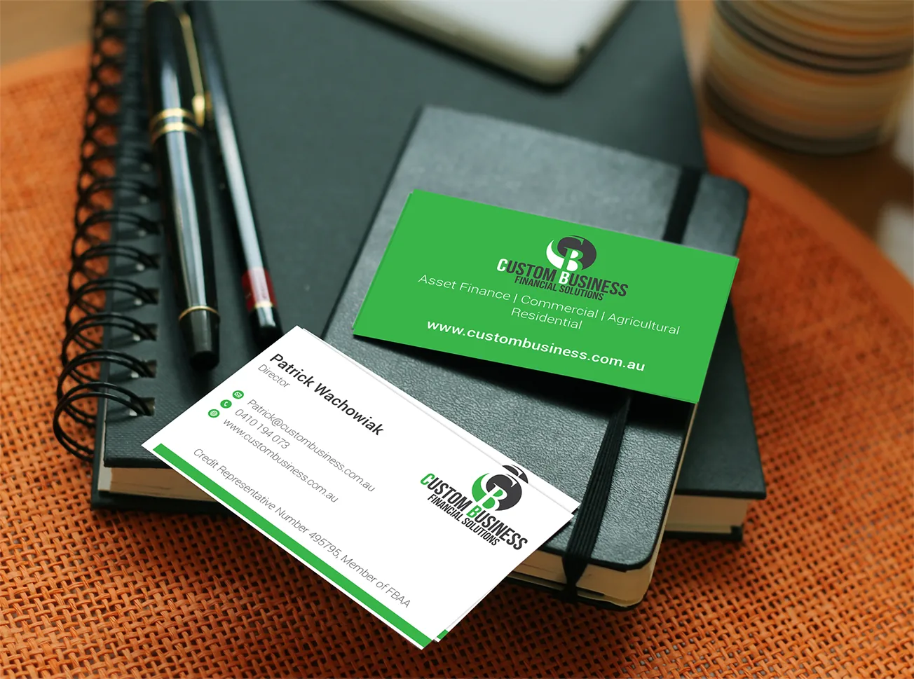 Custom Business Financial Solutions business card design — front-side staff contact details and brand identity.