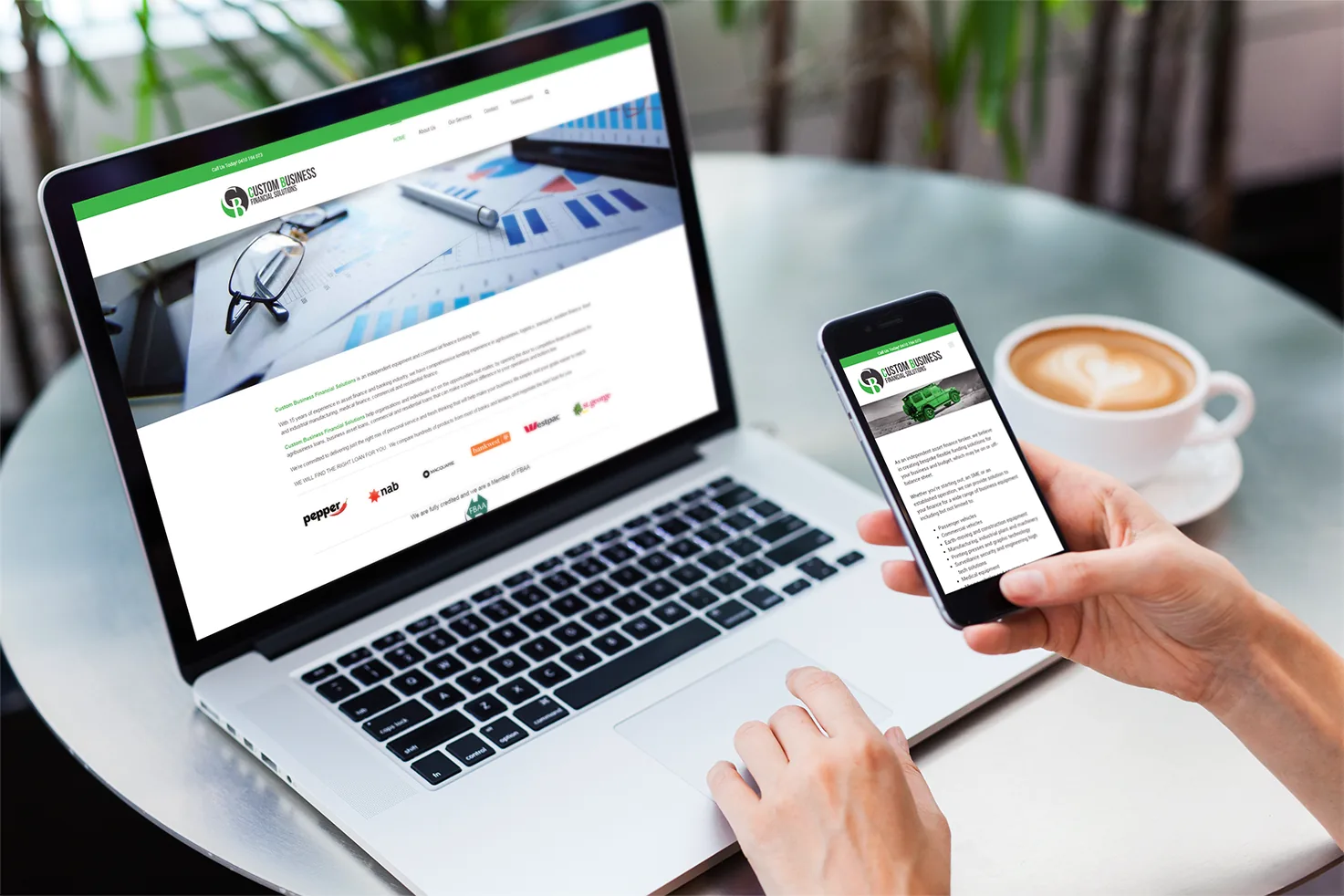 Custom Business Financial Solutions brand identity and logo — green monogram and finance brokerage typography.