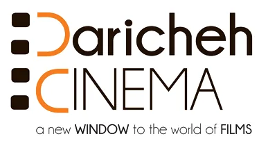 Daricheh Cinema logo design — filmstrip-inspired icon with orange window-shaped forms and modern typography.