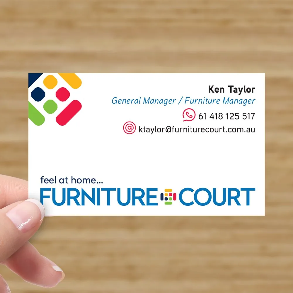 Furniture Court business card design — staff contact details, brand logo and clean corporate layout.