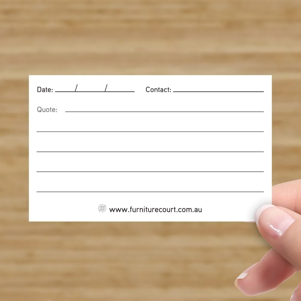 Reverse side of Kingaroy Furniture Court business card with writable quote section, contact field and website detail.