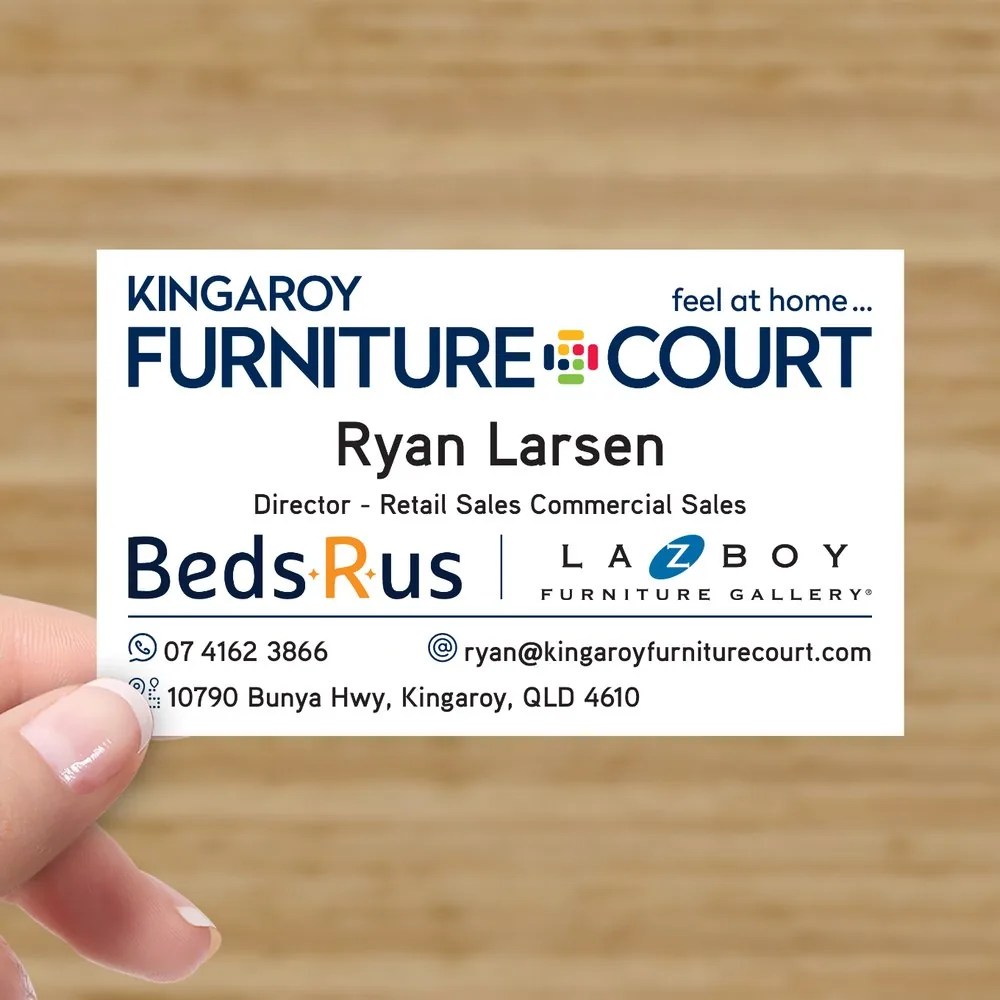 Kingaroy Furniture Court business card design featuring store branding, staff contact details and Beds R Us / La-Z-Boy logo placement.