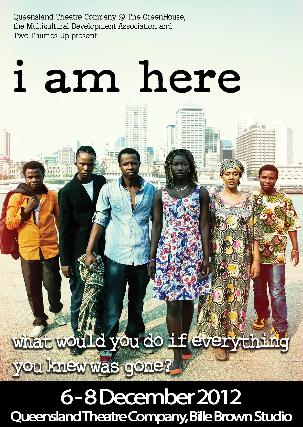 I Am Here promotional postcard design — cast image, event details and partner sponsor logos.