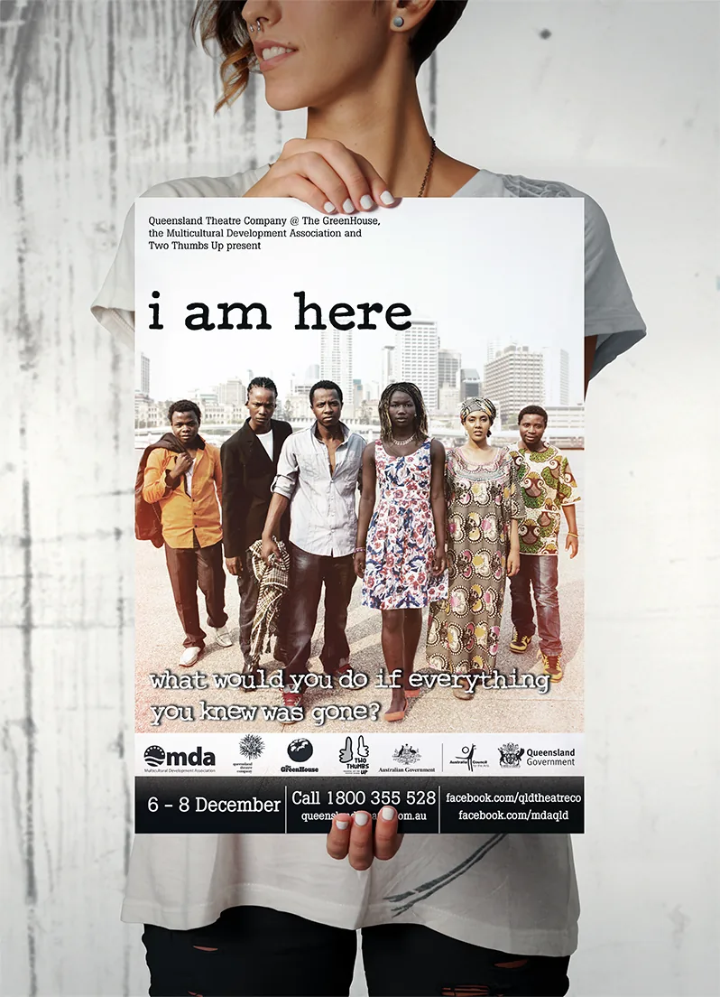 I Am Here theatre poster design — cast photography against Brisbane city backdrop with distressed typewriter-style typography.
