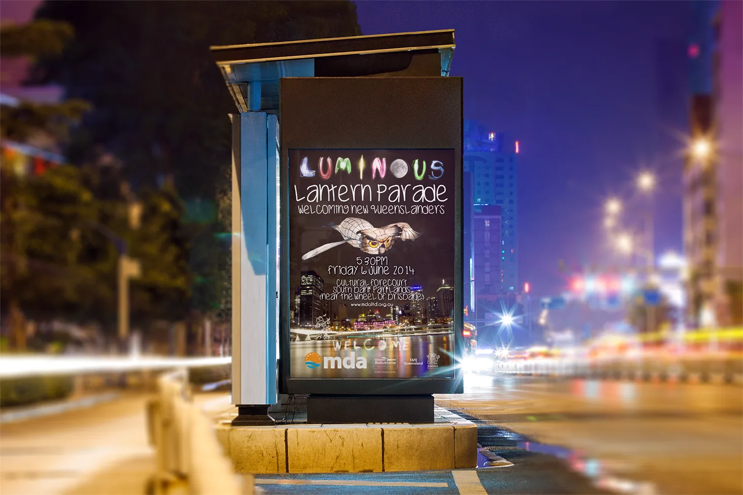 LUMINOUS Lantern Parade event poster — night-time Brisbane illustration with glowing lantern motif and hand-rendered typography.