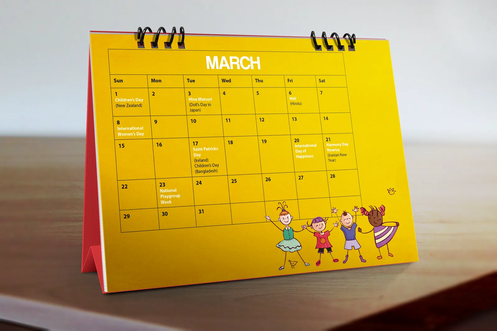 MDA Multicultural Calendar — illustrated month spread with multicultural dates and character artwork.