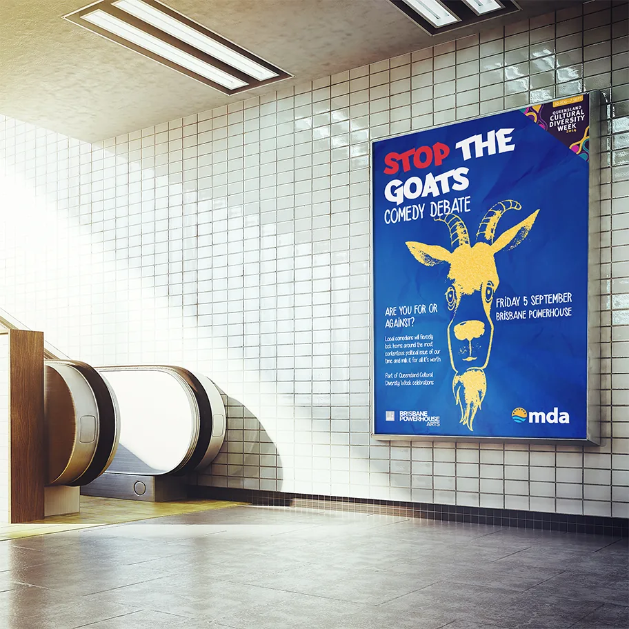 Stop the Goats Comedy Debate event poster design — vibrant three-colour palette with hand-drawn goat illustration.