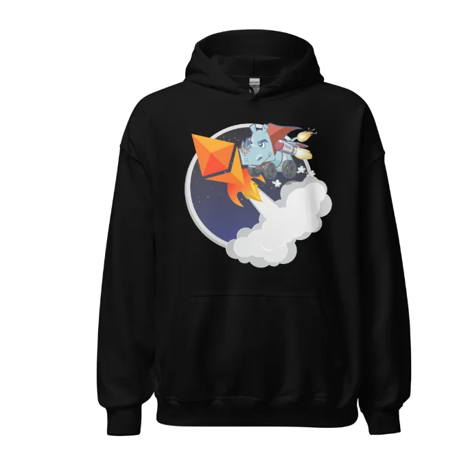 WenMerch logo design — rocket-powered rhino character launching through Ethereum-inspired geometric forms.