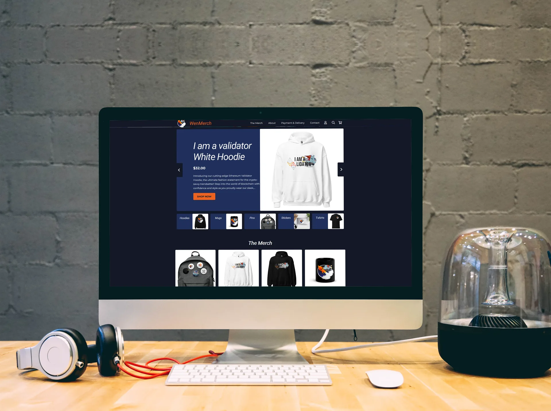 WenMerch e-commerce website design — dark storefront with featured Ethereum merchandise products on the homepage.