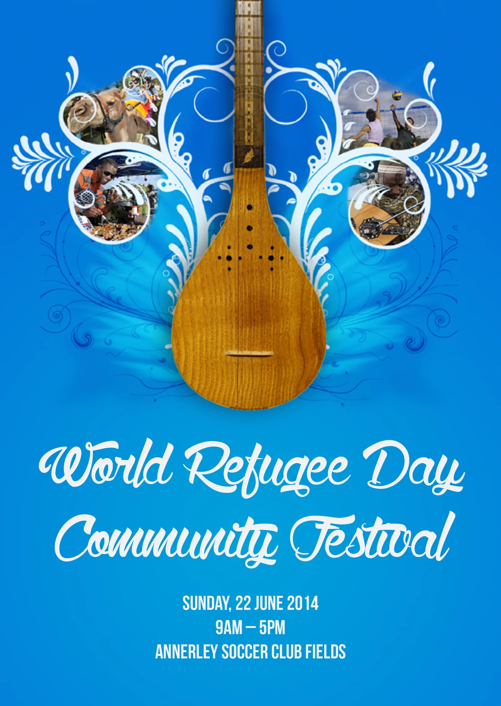 World Refugee Day Festival promotional postcard design — community event marketing for MDA.