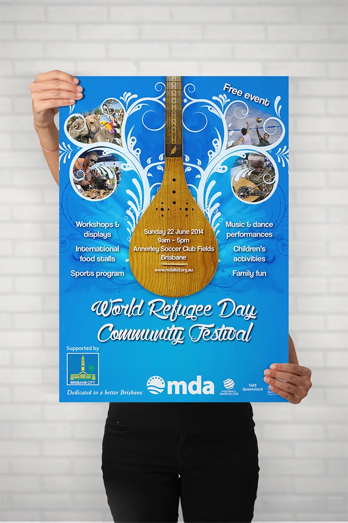 World Refugee Day 2014 Community Festival event poster design — vibrant blue theme with cultural imagery and string instrument motif.