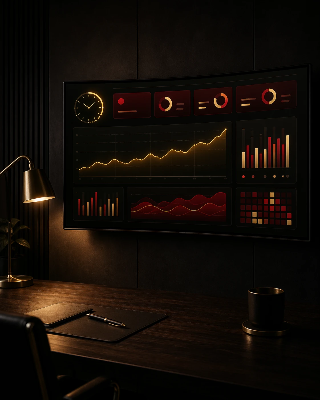 A wall-mounted screen showing a reporting dashboard with trend, bar and donut charts.