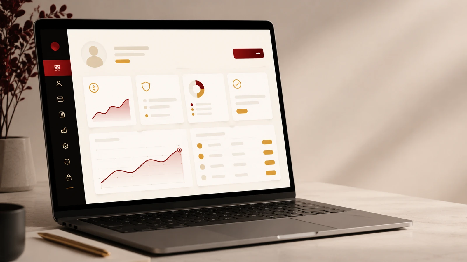 A laptop showing a customer portal dashboard with charts and account panels.