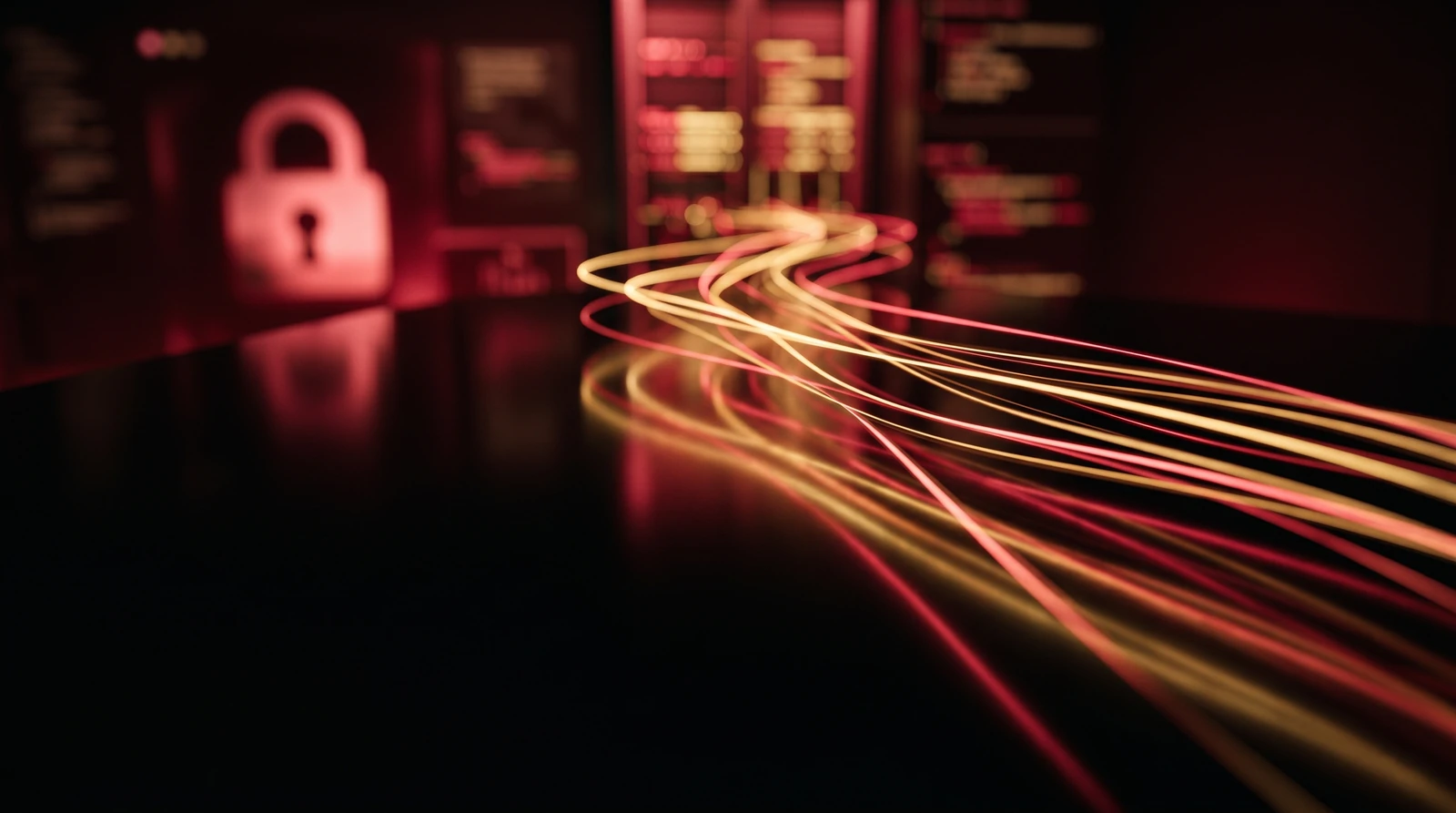 Abstract light trails with a padlock symbol, suggesting secure hosting.