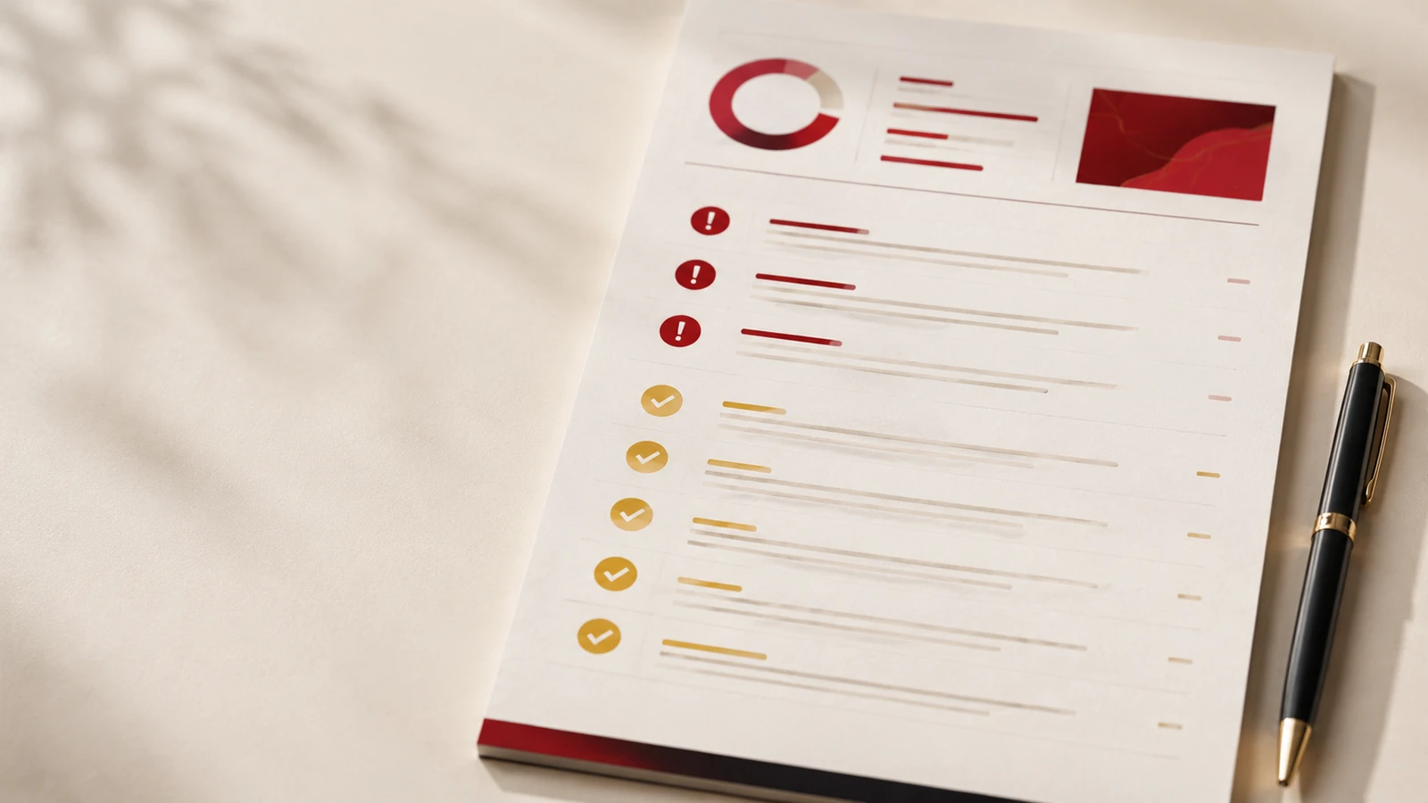A printed audit report with a summary chart and a prioritised list of issues, beside a pen.