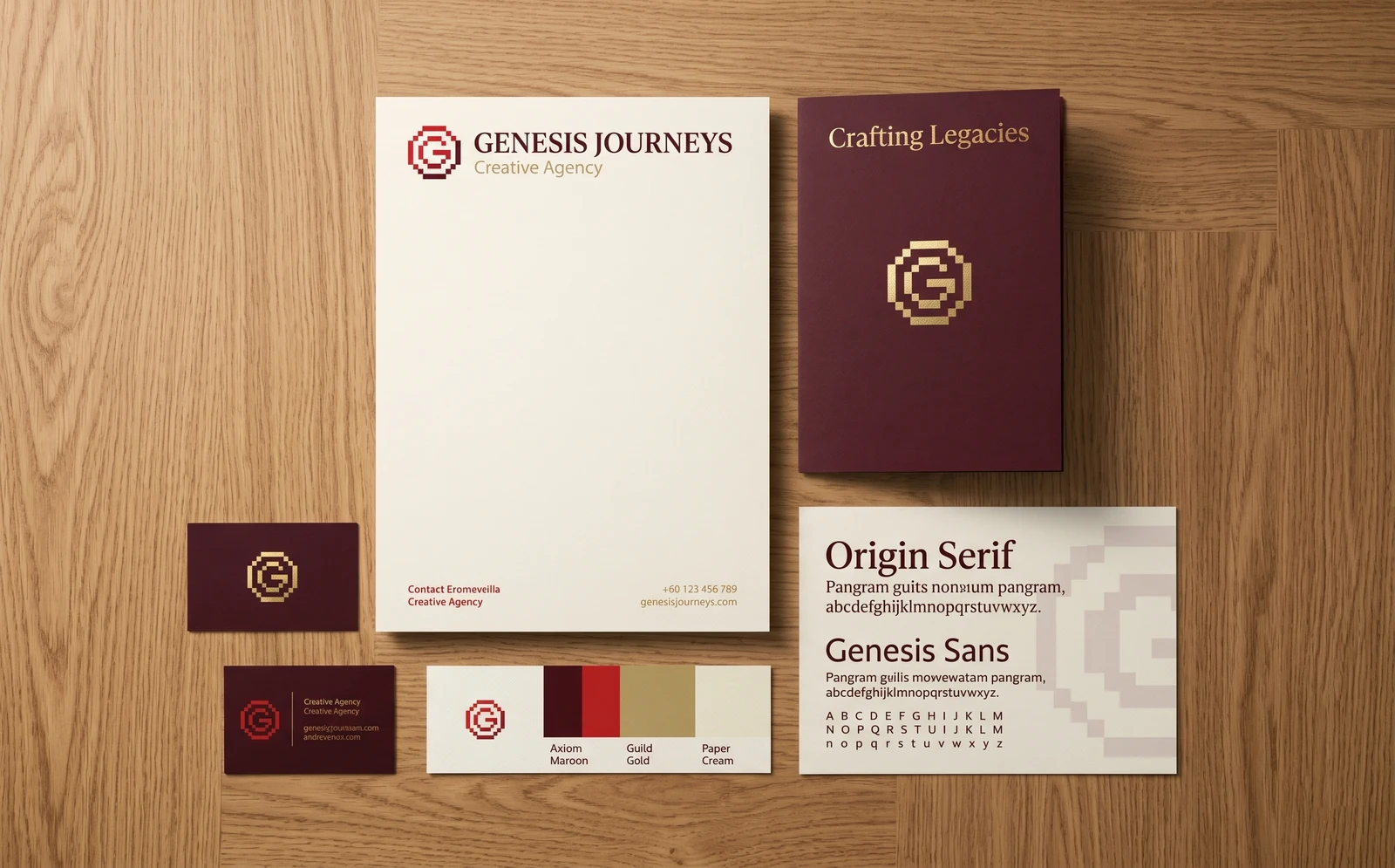Brand identity collateral laid out: letterhead, folder, business cards, a colour palette and a type specimen.