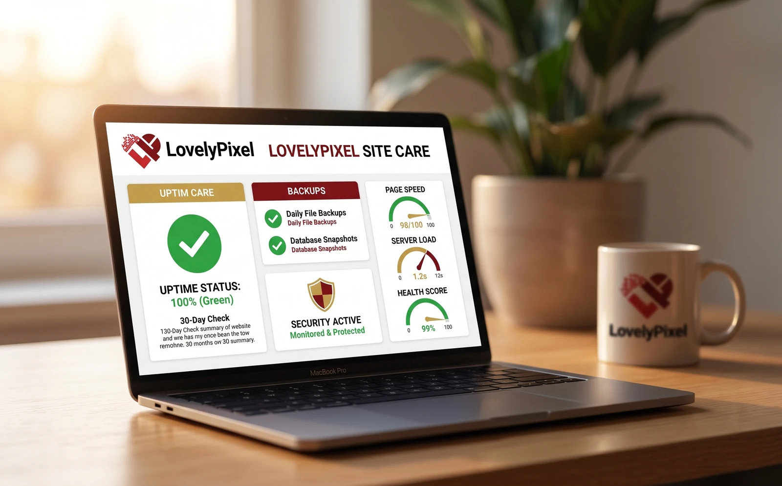 Illustration of a website care dashboard with uptime, backup and security panels.