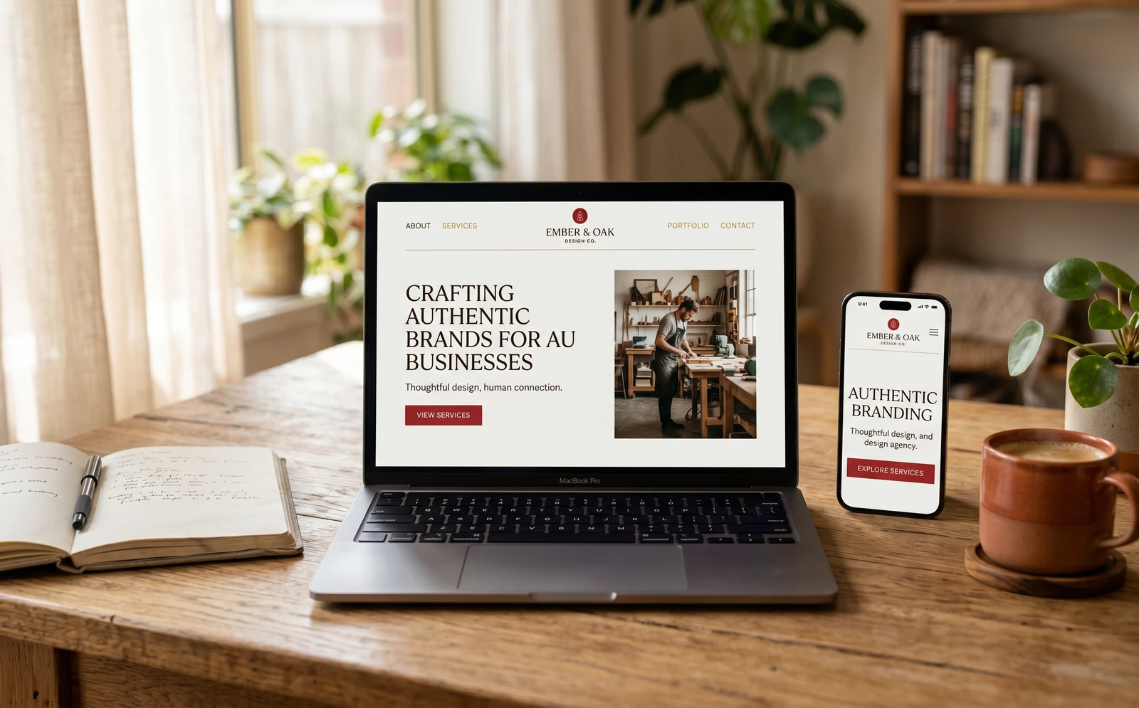 A website design shown on a laptop and a phone.