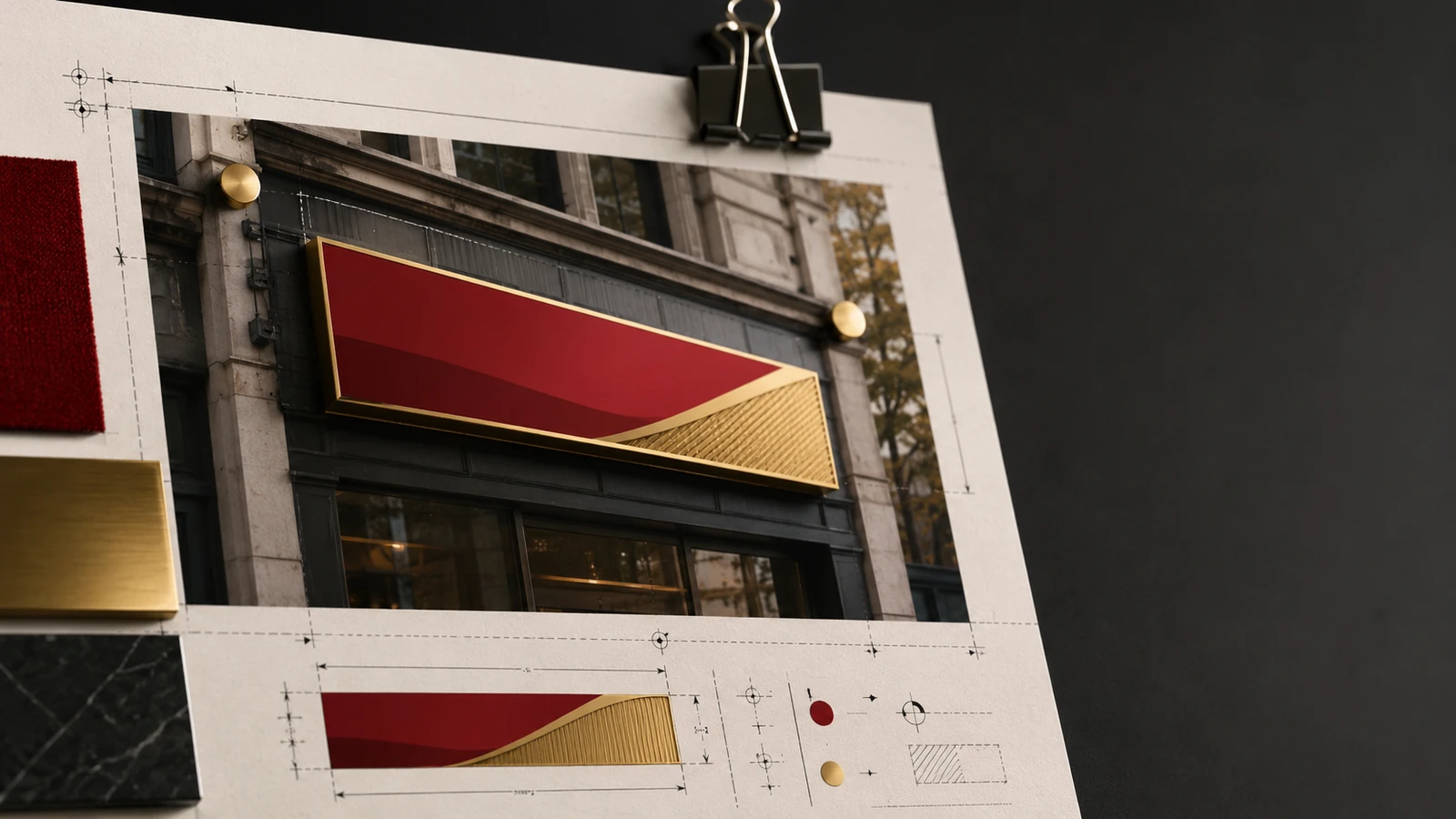 A signage design board with a blank shopfront sign mocked onto a building, dimension drawings and material swatches.