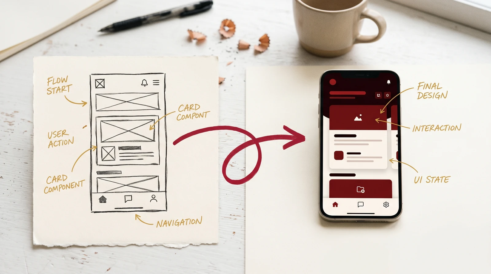 A hand-drawn wireframe sketch with annotations, and an arrow pointing to the finished interface on a phone.