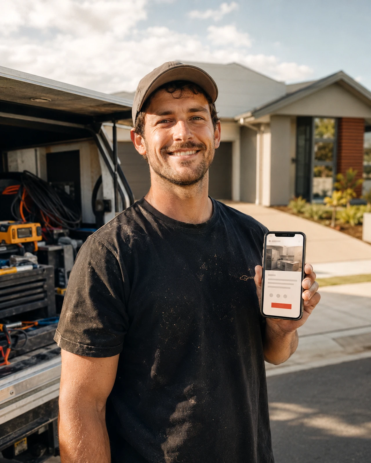 A tradesperson standing by a work vehicle, holding a phone showing a website.