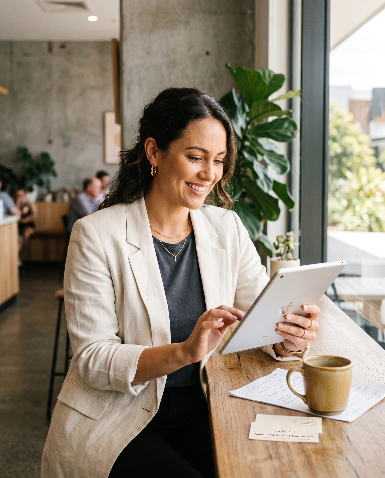 A business owner using a tablet at a cafe bench, with notes and an appointment card on the table.
