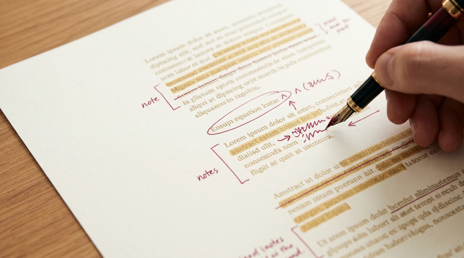 A printed page of draft copy being marked up by hand with a fountain pen.