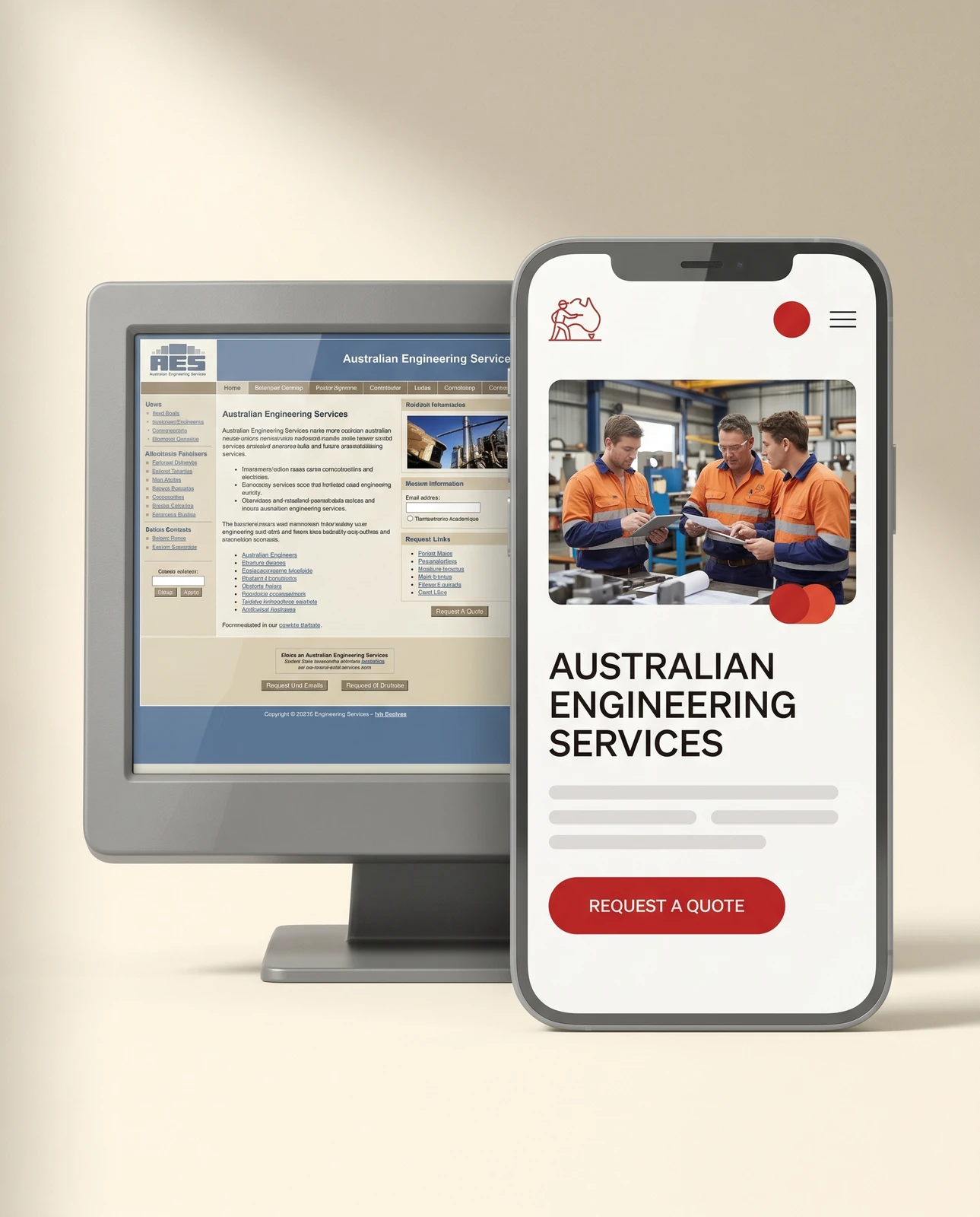 Australian Engineering Services website before and after redesign: the previous desktop-only layout beside the rebuilt mobile site.