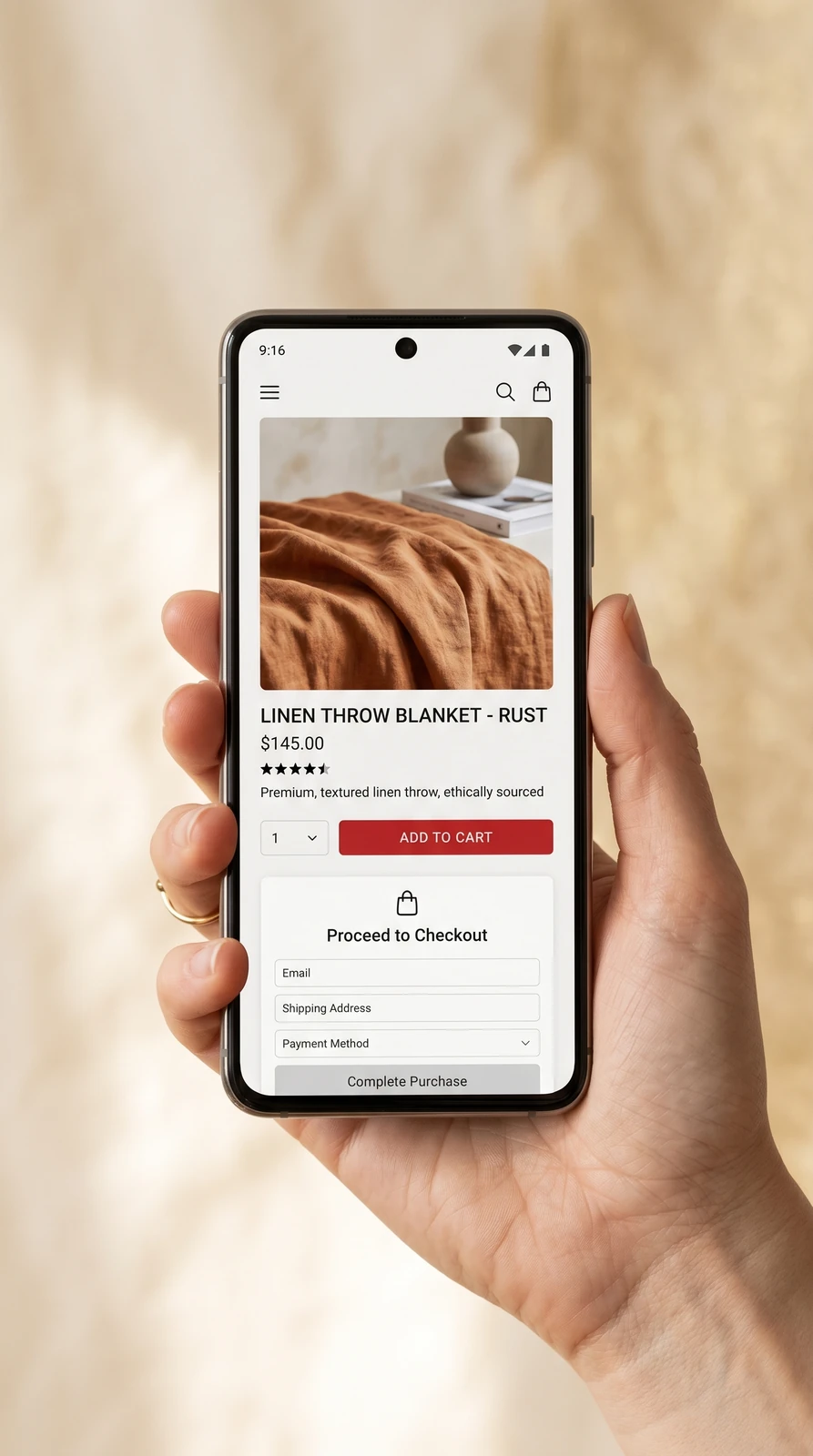 A hand holding a phone showing an online store product page with an add-to-cart button and checkout fields.
