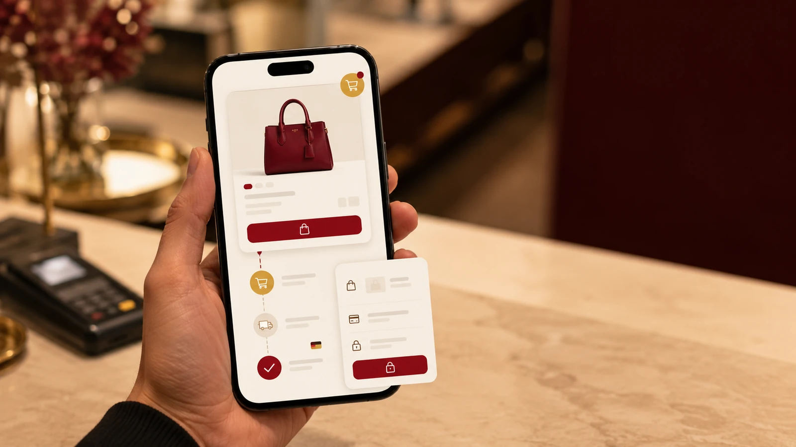 A phone showing an online store product page and a stylised checkout flow.