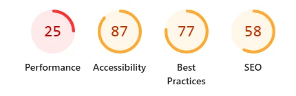 Mobile Lighthouse audit before redesign, showing a performance score of 25.